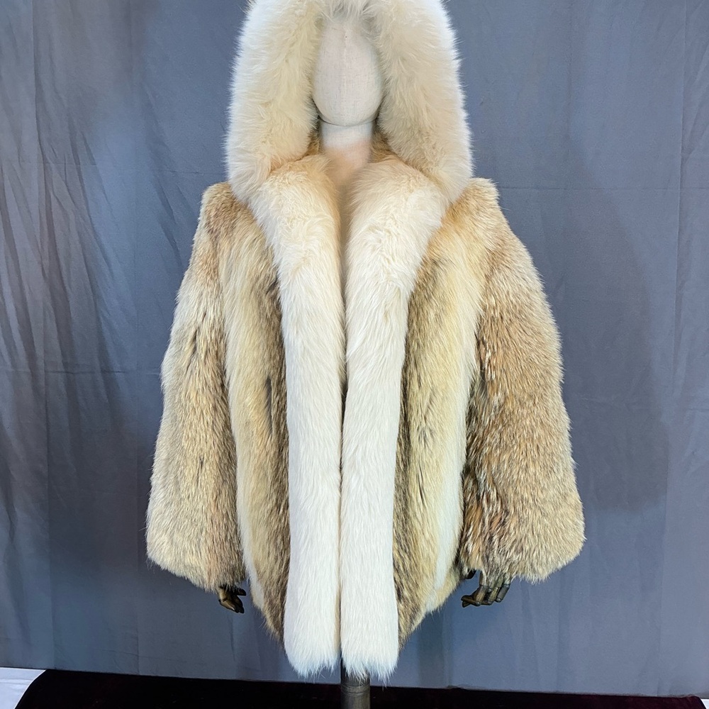 Coyote and fox hooded fur coat